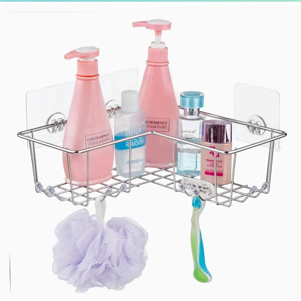 ARCCI Adhesive Corner Holder/Organizer For Tub, Kitchen Basket Storage w/Hooks